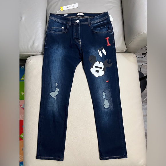 NWT-Iceberg x Disney Mickey Mouse Women’s Distressed Boyfriend Jeans - Size 28 - Picture 2 of 9